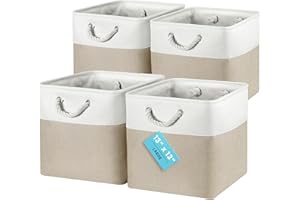 OrganiHaus 13x13 Cube Storage Bins 4 Pack, Foldable Cube Storage Organizer w/ Rope Handles, Collapsible Fabric Bins for Toys, Clothes & Closet Organization, Fabric Square Baskets - Beige/White