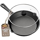 Bakken Pre Seasoned Cast Iron Skillet with Glass Lid & Silicone Handle,10" Frying Pan for Stove, Oven, Grill & Induction, Even Heat Distribution, Versatile All-Purpose Cookware for Searing & Frying