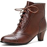 Pixoecuty Short Ankle Boots Lace Up Booties for Women Side Zipper Victorian Boots Block Chunky Mid Heel