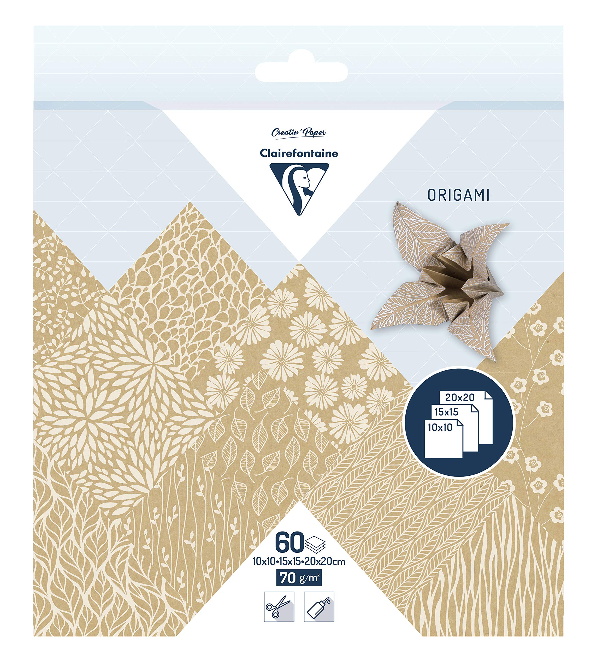 Clairefontaine 95355C 60 Sheets Origami Paper 70g 3 Sizes 10x10cm 15x15cm 20x20cm 10 Ast Coloured Motifs 2 per Size Creative Adults Children Kraft Floral