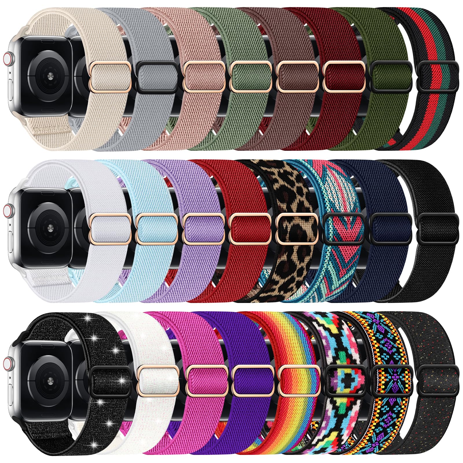 DMIGADIGLO 24 Pack Stretchy Nylon Band Compatible with Apple Watch Band 38mm 40mm 41mm 42mm 44mm 45mm 46mm 49mm Women Men, Adjustable Sport Elastic Replacement Strap for iWatch Series 11 10 9 8 7 6 5 4 3 2 1 SE Ultra