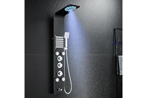 ROVATE Unibody 6-in-1 LED Shower Panel Tower System with Rain Mist Shower Head, 2 Modes Powerful Body Jets, Multi-function Shower Tower with Handheld and Tub Spout, Stainless Steel Shower Column Black