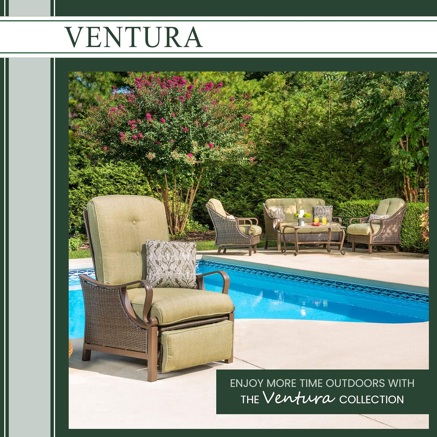 Hanover Ventura Outdoor Patio Recliner with Hand-Woven Wicker, Rust-Resistant Frames, and Thick Vintage Meadow Green Cushions, VENTURAREC: Garden & Outdoor