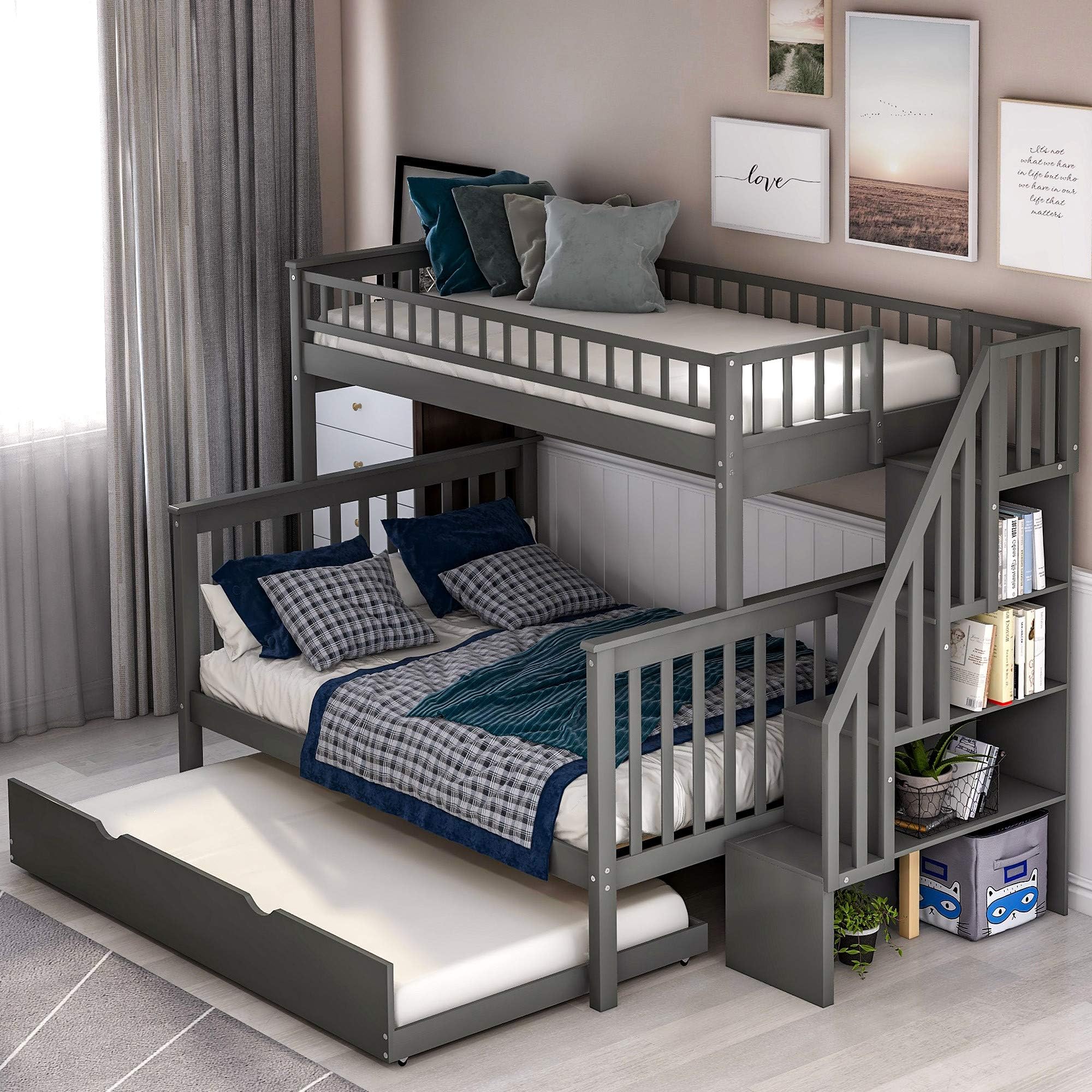 Twin Over Full Stairway Bunk Bed for Kids with Trundle & 4 Storage Drawers in Staircase, Finish (Grey0)