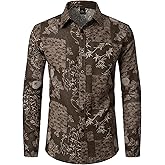 PARKLEES Men's Cotton Linen-Like 70s Disco Retro Traditional Pattern Printed Long Sleeve Button Down Shirt
