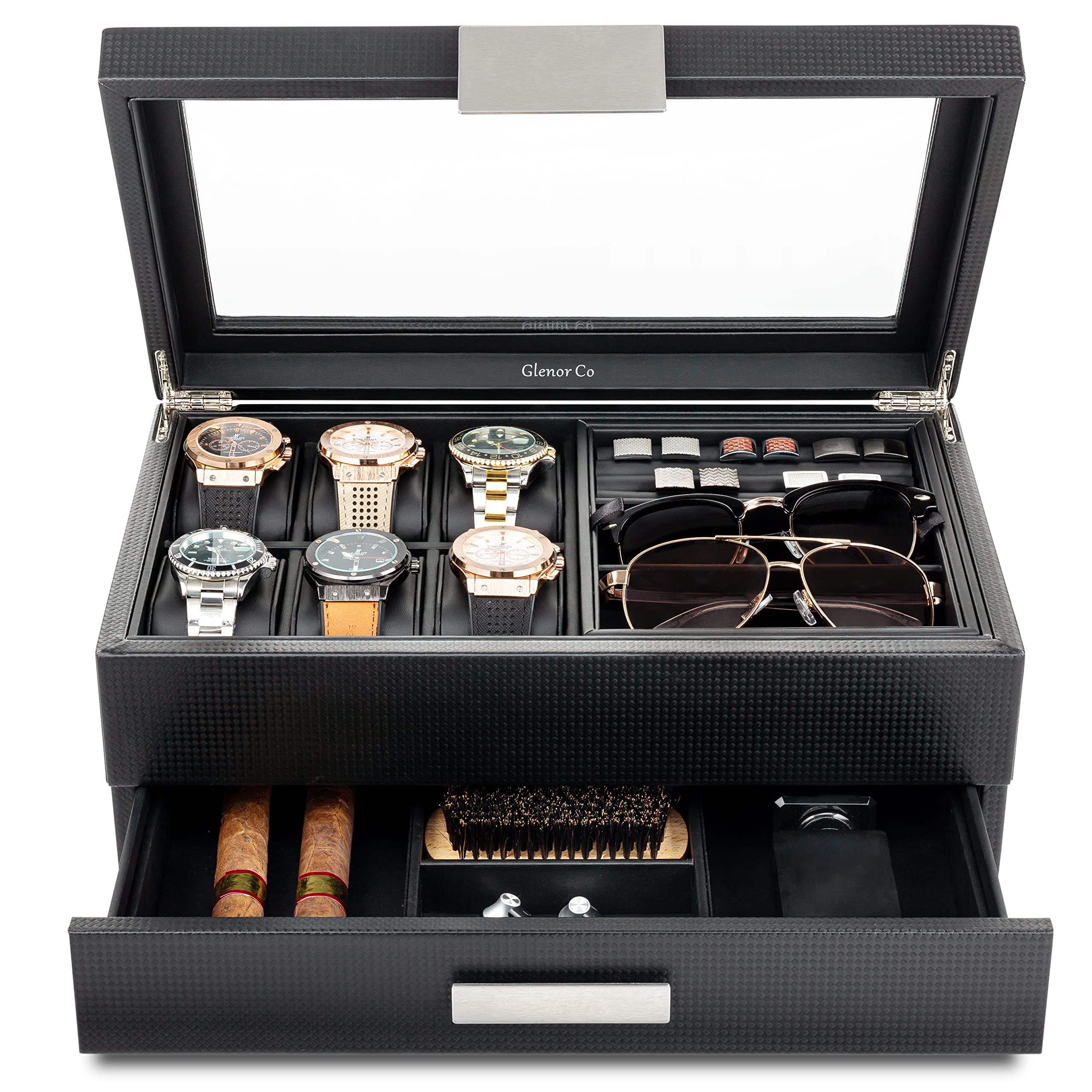 Glenor Co Valet Jewelry Box for Men - Holds 6 Watches, 12 cufflinks, 2 Sunglasses, Drawer & Tray Storage - Watch Case - Carbon Fiber design Organizer w Metal Accents & Large Glass Lid - Black
