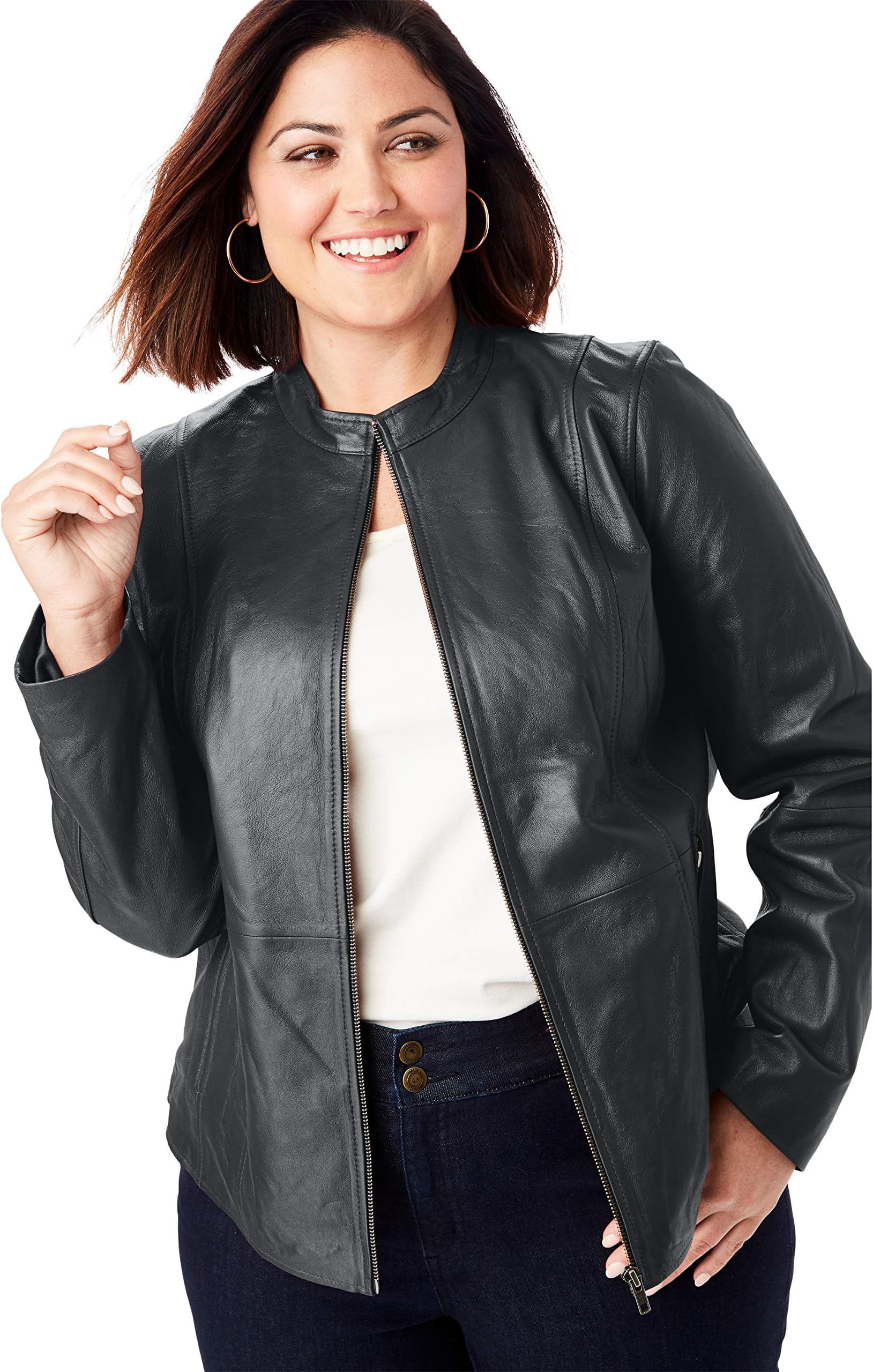 Jessica LondonWomen's Plus Size Zip Front Leather Jacket