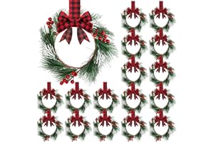 Crowye 18 Pcs Small Mini Christmas Cabinets Wreaths for Kitchen with Ribbon 10'' Hanging Artificial Green Leaves Decor Berry for Window Front Door Kitchen Wall Decor (Red and Black)
