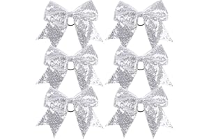 Metallic Sequin and Holographic 8 Inch Cheer Bow Cheerleader Cheerleading Jumbo Cheer Bow Hair Tie Hair Bow School (Silver Se
