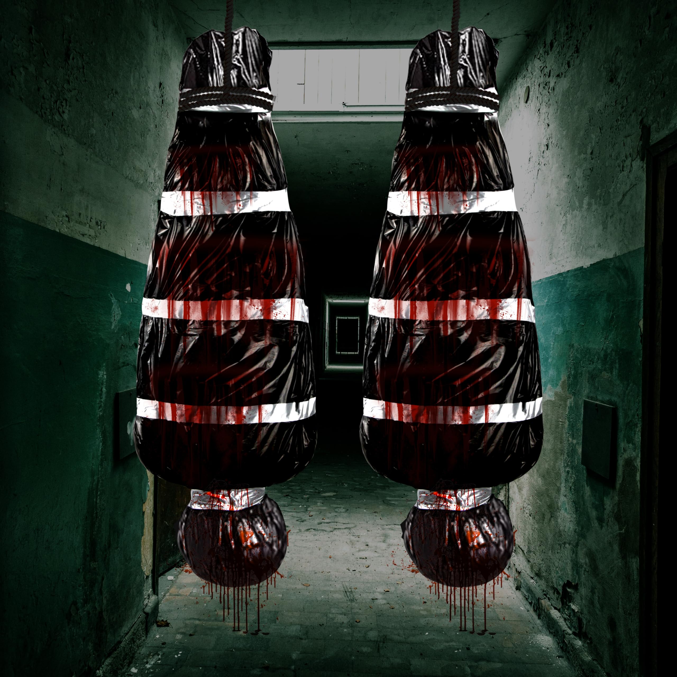 Photo 1 of 2 Set 5ft Hanging Corpse Dead Victim Props Halloween Decorations, Inflatables Decorations, Scary Fake Corpse in Bag Halloween Outdoor Prop Creepy Haunted House Decor