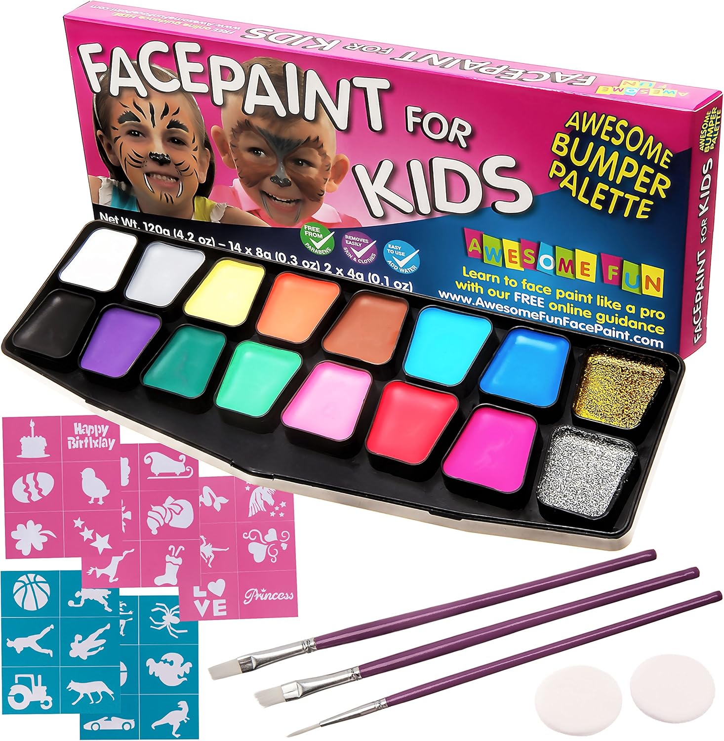 Face Paint Kit for Kids BIG BUMPER 16Pack with MakeUp Case. Face Painting Party Set with 3