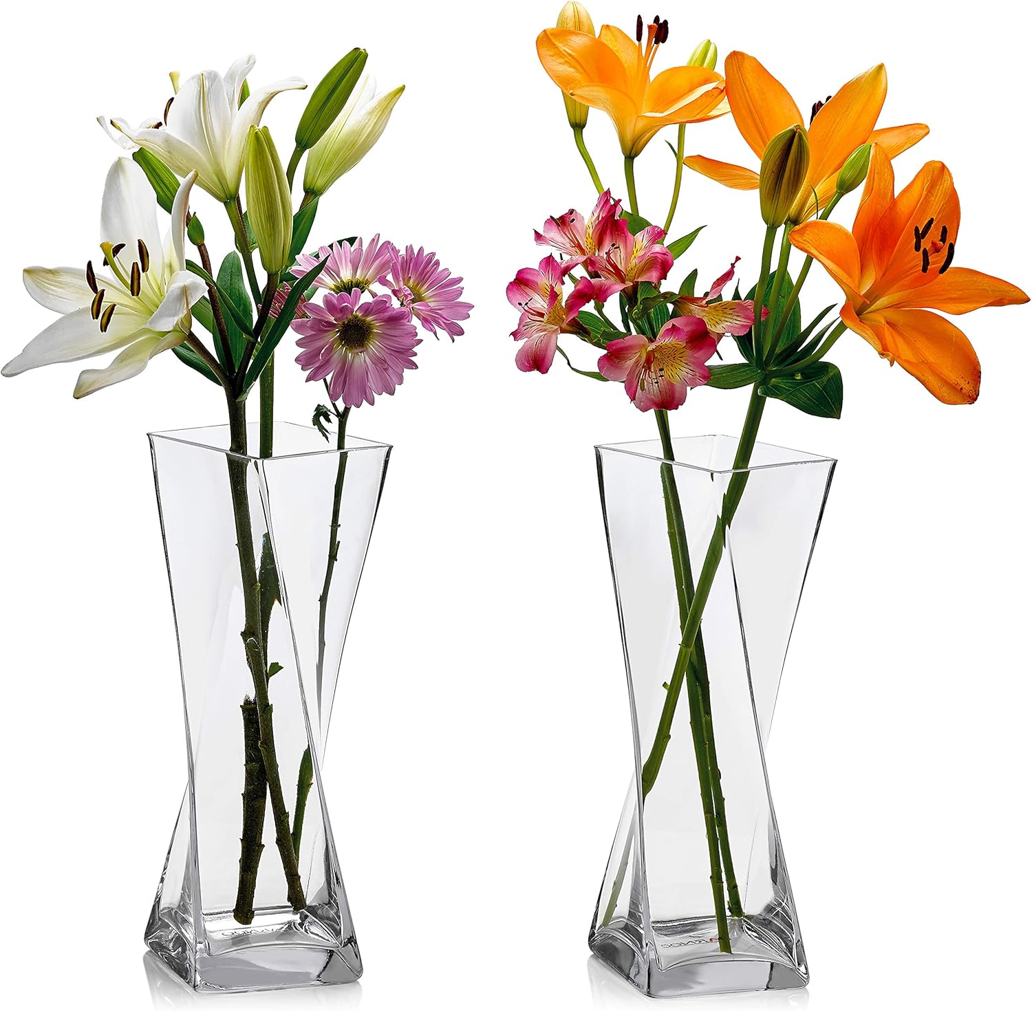 Set of 2 Glass Square Twisted Vases 12 Inch Tall X 4.75 Inch Square - Multi-use: Pillar Candle, Floating Candles Holders or Flower Vase – Perfect as a Wedding Centerpieces.