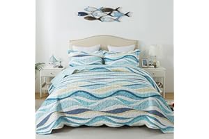 HoneiLife Beach Quilt King Size - 3 Pieces Coastal Quilt Sets Nautical Bedspreads Ocean Coverlets Lightweight Bed Cover, King Quilt Bedding Set All Season Quilts