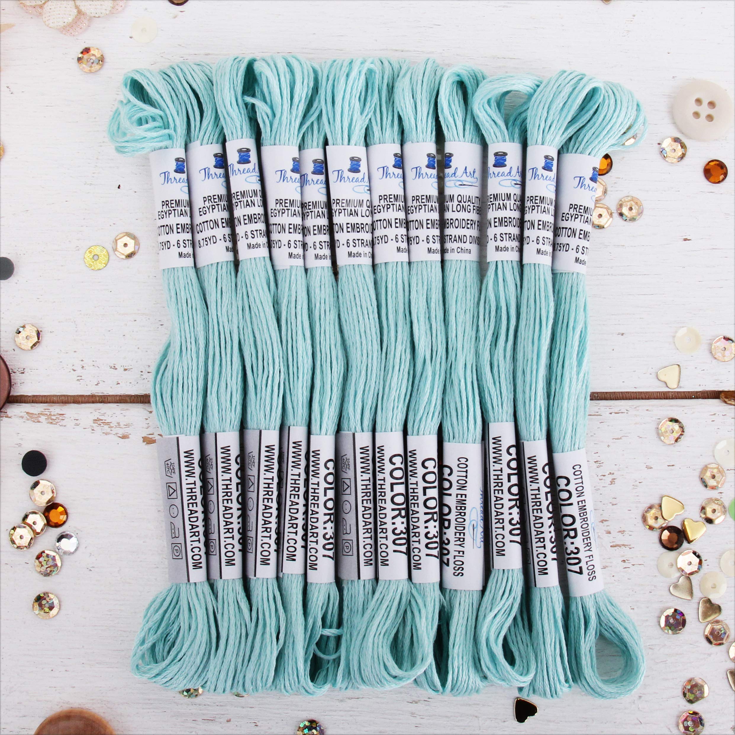 Photo 1 of 12 Skeins ThreadArt Premium Egyptian Long Fiber Cotton Embroidery Floss | Light Aqua | 6 Strand Divisible Thread 8.75yds Each for Hand Embroidery, Friendship Bracelets, Cross Stitch and Crafts