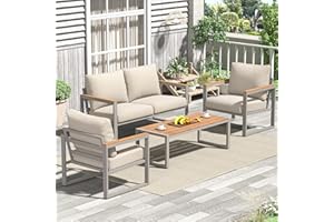 COMLAX FIELD Patio Furniture Set, 4 Pieces Outdoor Patio Furniture with Coffee Table Set, Metal Patio Conversation Sets with Washable and High-Resiliency Sponge Cushions,Champagne&Beige