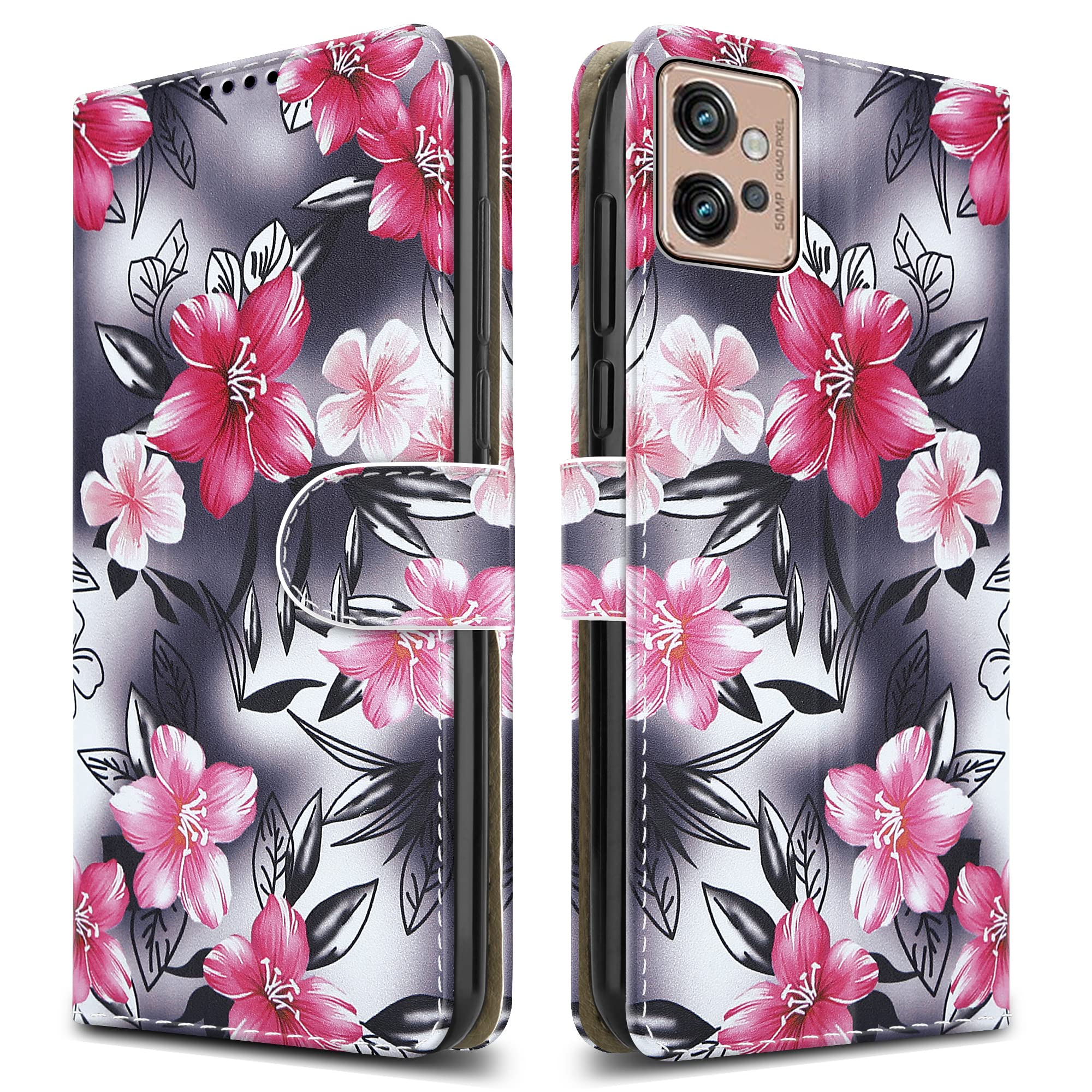 PIXFAB For Motorola G32 Leather Phone Case, Magnetic Closure Full Protection Book Folio Design, Wallet Case Cover [Card Slots] and [Kickstand] For Motorola Moto G32 - Flower