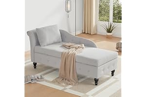 Iroomy Chaise Lounge Indoor with Storage, Modern Nailhead-Trimmed Tufted Lounge Chair, Upholstered Chaise Lounges Couch with Pillow for Living Room, Bedroom, Office, Light Grey, Left Armrest