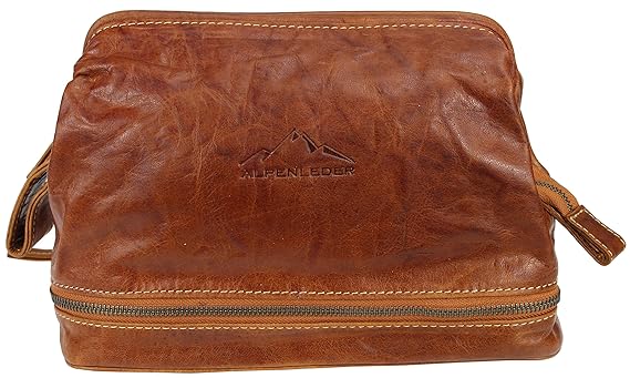 Kulturtasche'LAGO DI COMO' | Echtes Leder | Kulturbeutel Braun Für Herren Und Damen | By Alpenleder (Cognac)