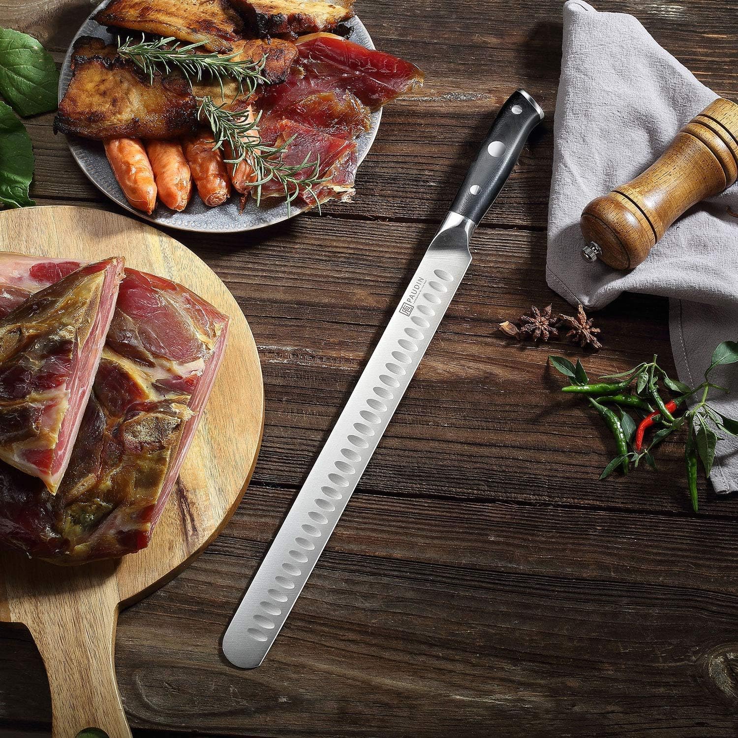 PAUDIN Carving Knife 12-Inch - Razor Sharp Granton Edge Kitchen Knife, Ham Roasts Meats Brisket Slicing Knife, German Stainless Steel Blade, Comfortable Triple Rivet Fiberglass Handle: Kitchen & Dining