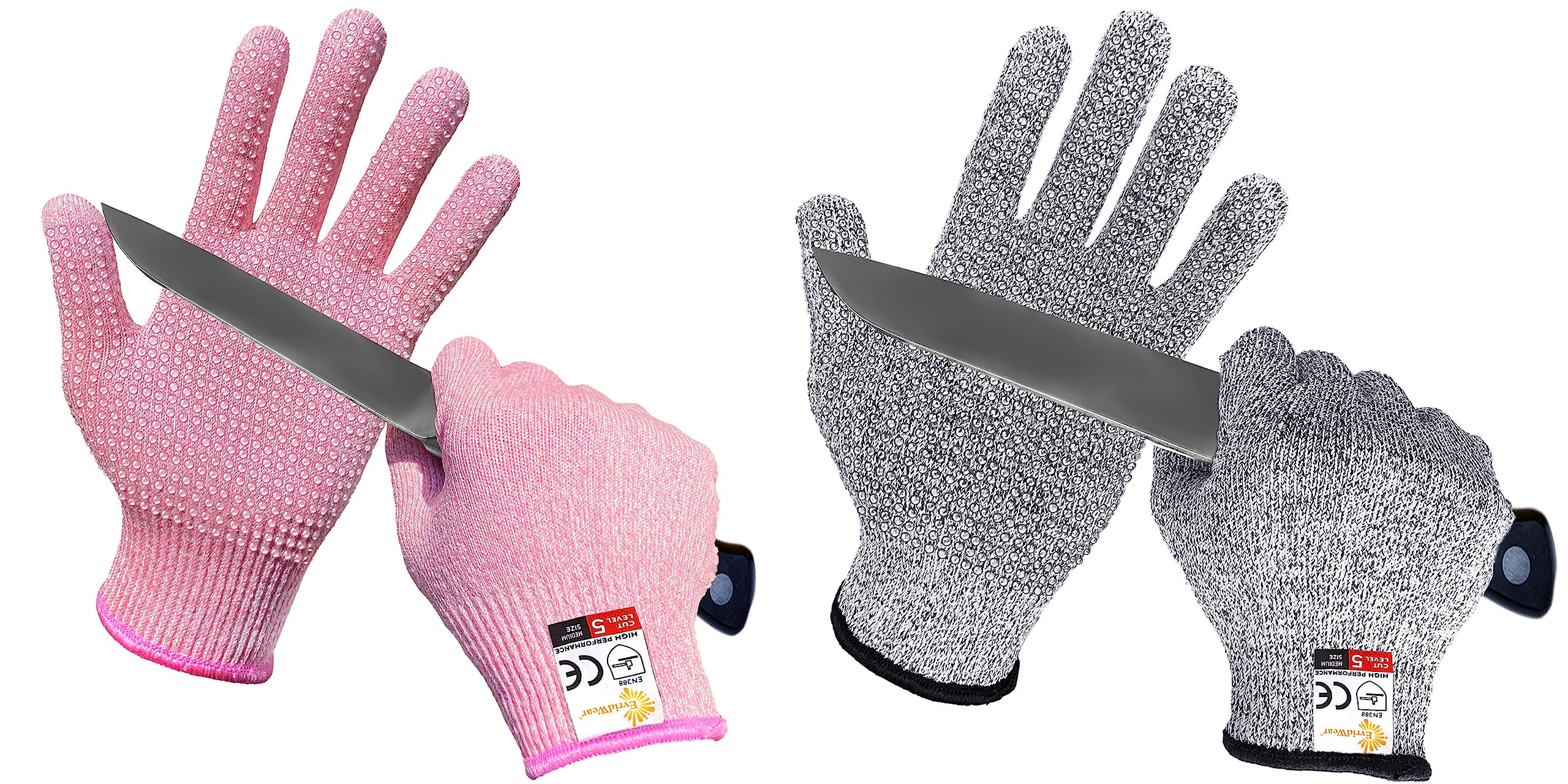 Evridwear Cutting Gloves Level 5 Cut Resistant, Food Safe Gloves with Non-Slip Grip for Kitchen, Meat Cutting & Mandoline Use, 2 Pairs (M, Pink+Gray)