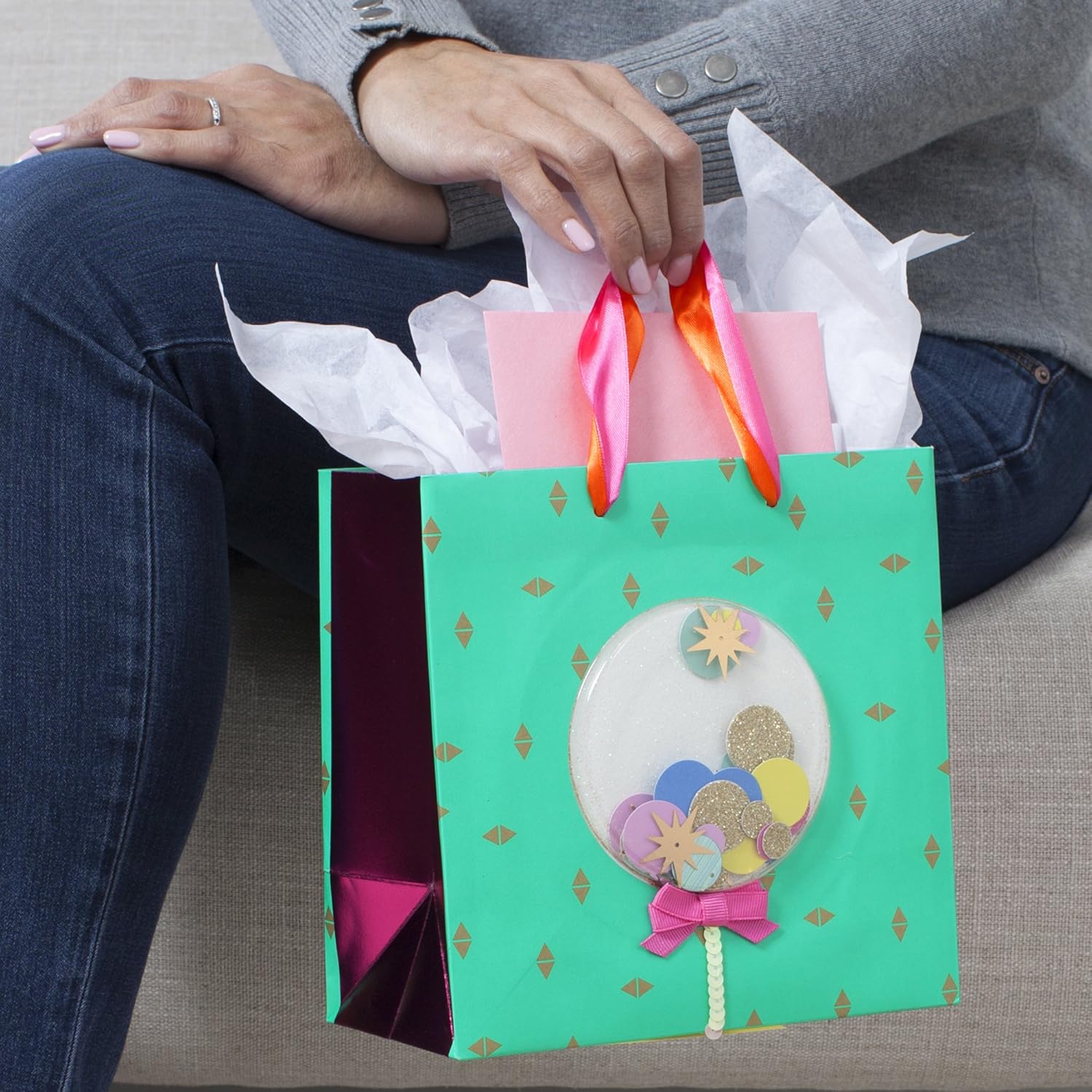 Hallmark Signature 7" Medium Gift Bag with Tissue Paper (Hooray; Gold with Pink, Teal, Purple Confetti) for Bridal Showers, Graduations, Retirements and More: Kitchen & Dining