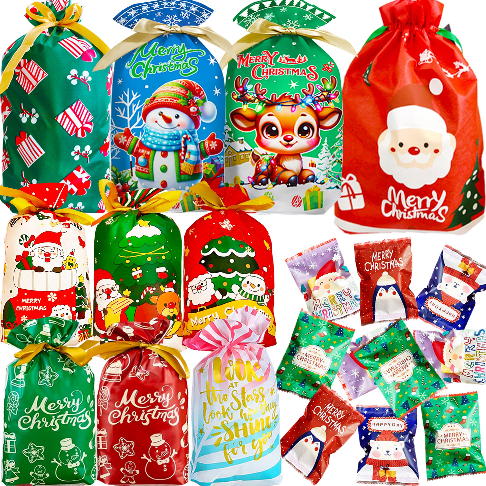 50pcs Christmas Drawstring Gift Wrap Bags Set Drawstring Christmas Wrapping Bag Xmas Gift Wrap Bag Small Medium Assorted 10 Designs 3 Sizes & About 50pcs Heat Sealable Bags