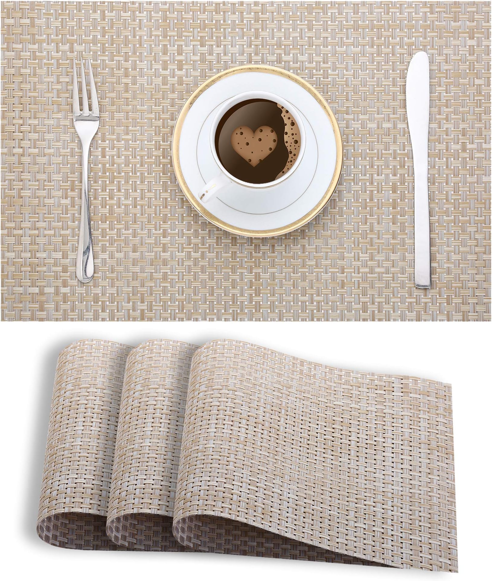 Smile Mom PVC Placemats/Mat for Dining Table Kitchen (Set of 4 Piece). Washable, Waterproof, Plastic (45 X 30 cm, Light Beige Weave)