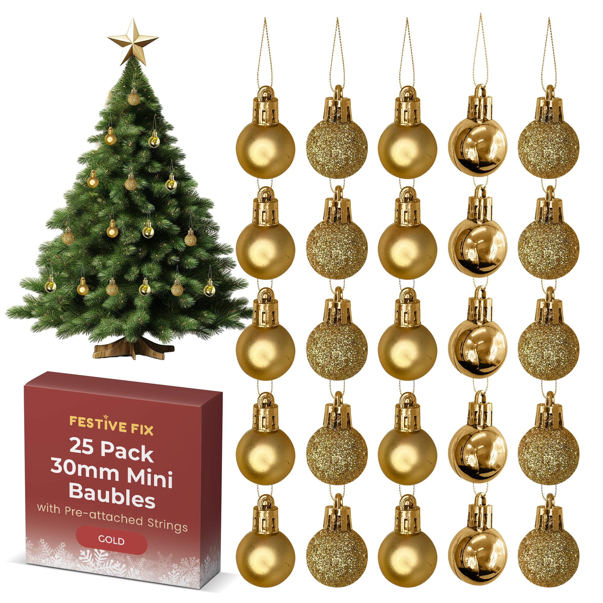 Festive Fix 25 Gold Mini Christmas Baubles – Shatterproof, Lightweight Small Tree Decorations for Xmas, Home, Party & Festive Displays