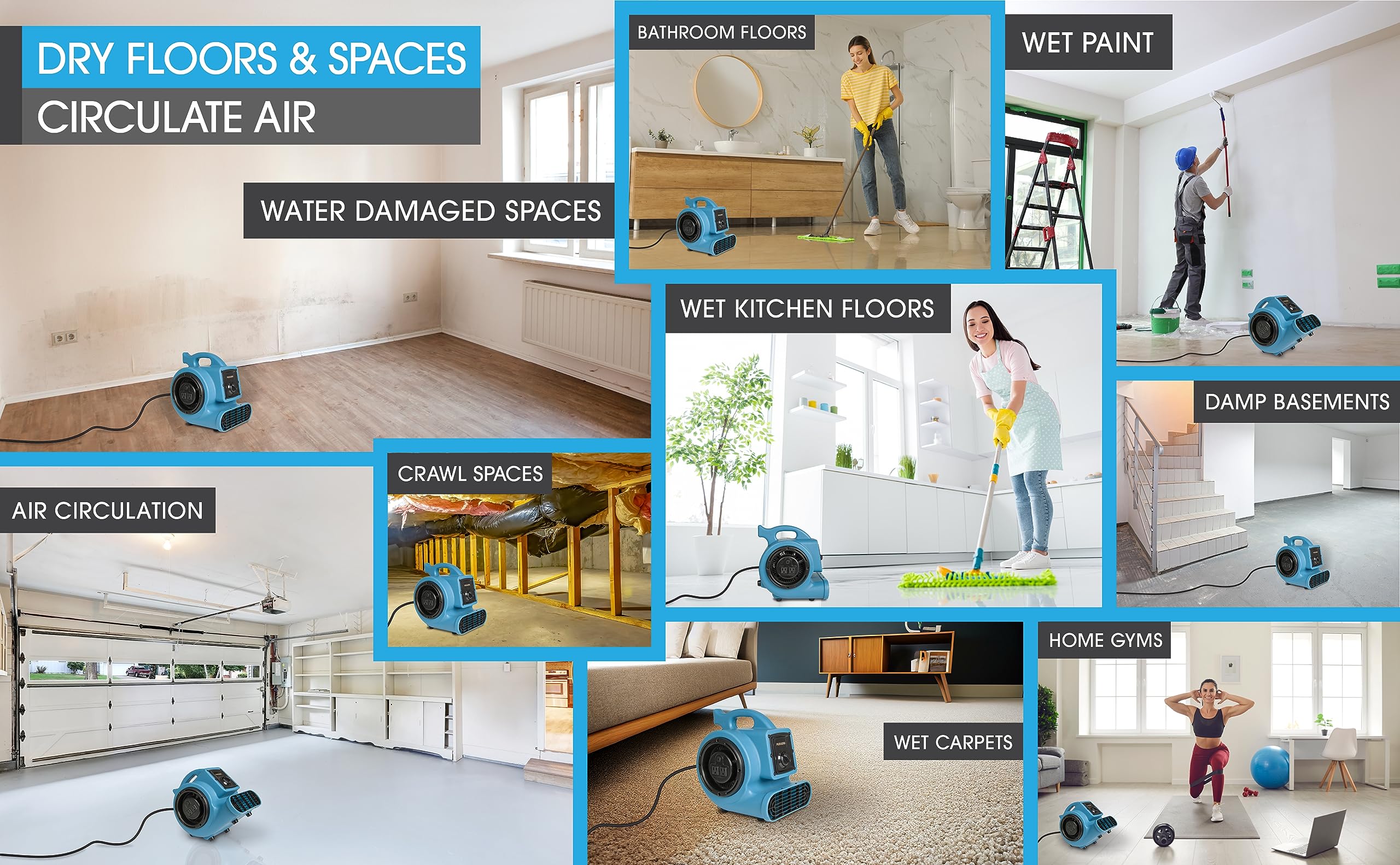 PURAERO Mini Air Mover | Carpet Dryer and Blower Fan | High-Velocity Floor Fan for Crawlspaces, Attics, Basements, Bathrooms | 1/5 HP 800 CFM | Water Damage Restoration, Grow Rooms | PA-200-AM | Blue