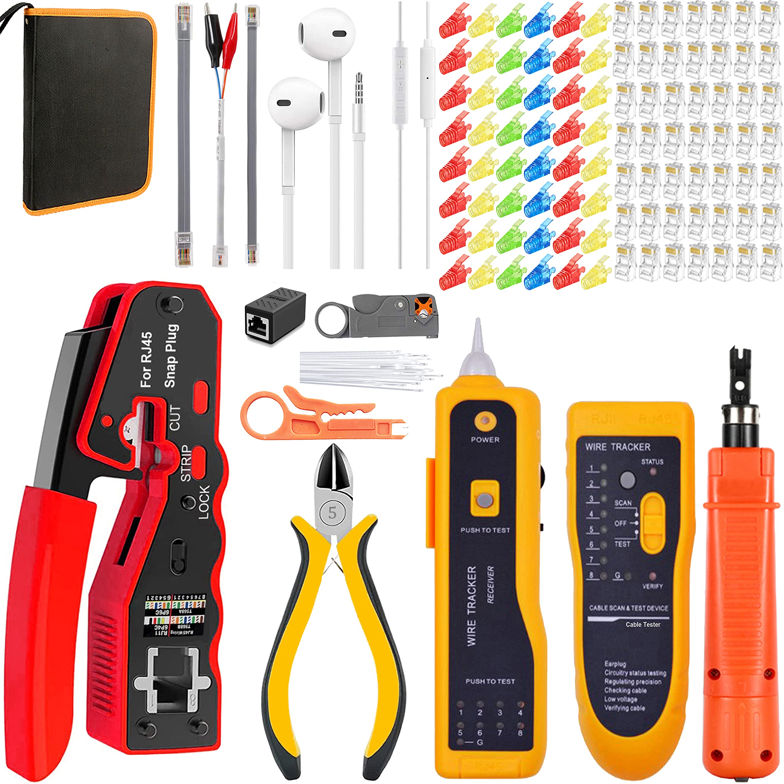 MAYLINE RJ45 Network Crimp Tool Kit Set, Crimper CAT5 CAT6 8P 6P CAT7 Cable Tester Repair Ethernet Stripping Cutter Kit, Coax Plug Crimping, Pass Through Wire Data LAN Detector Stripper(RED)