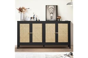 QHITTY Sideboard Buffet Cabinet, Rattan Accent Cabinet Storage Cabinet Console Table with 4 Doors and Adjustable Shelves for Kitchen, Dining Room, Living Room, Hallway (Black)