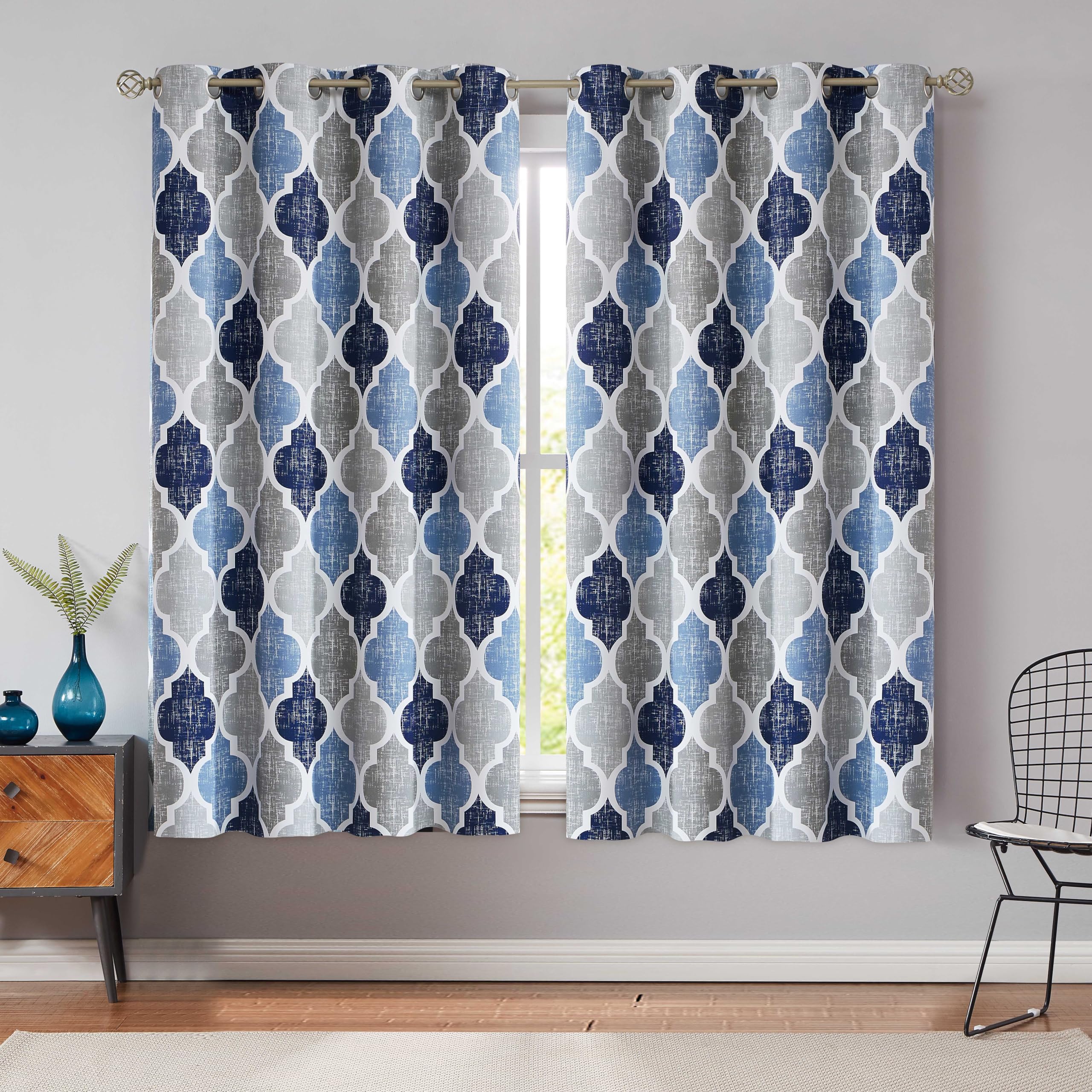 Beauoop Blue Grey Blackout Curtains for Bedroom 54 Inch Drop Geometric Curtains Lattice Moroccan Print Room Darkening Thermal Insulated Energy Efficient Window Curtain Drapes 2 Panels