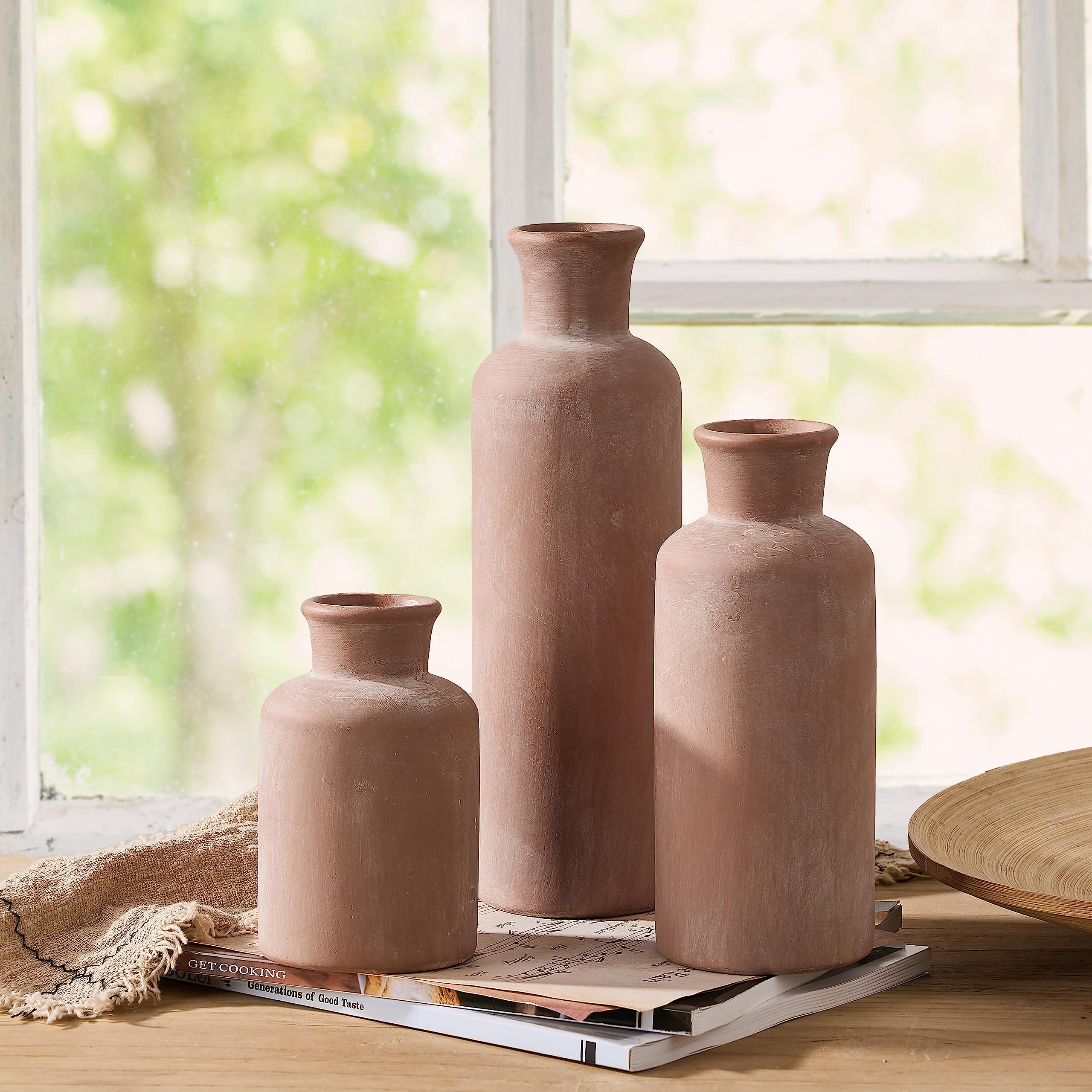 LUKA Ceramic Rustic Farmhouse Vase,Terracotta Vases for Decor,Vase Set of 3,Vase for Your Bedroom,Office,Living Room,Fireplace,Bookshelf Decor,Housewarming 10+7.5+5 Inch - Image 2