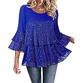 Bebonnie Womens Dressy Sparkly Peplum Tops 3/4 Sleeve Ruffles Elegant Evening Flowy Blouses