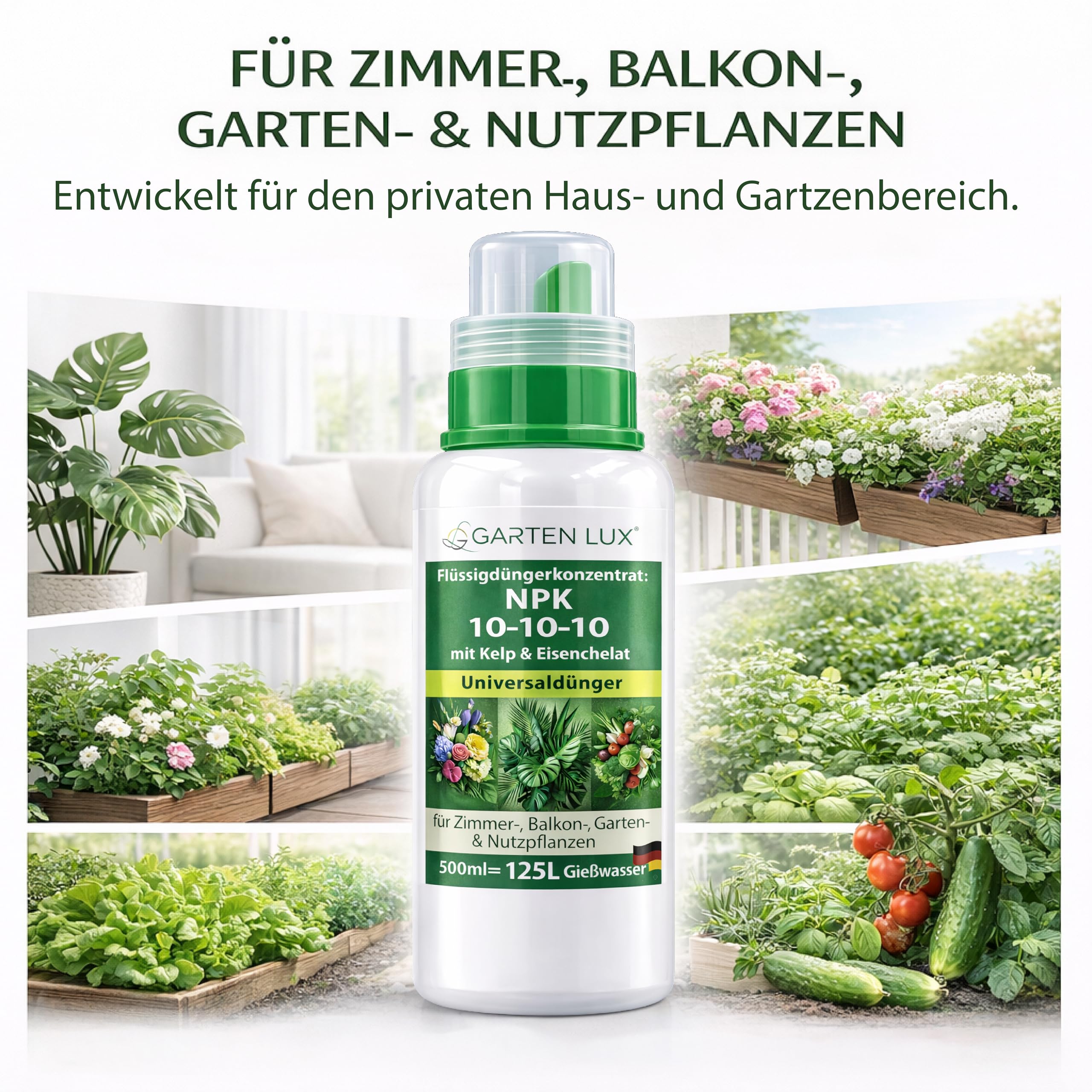 Garten Lux Flüssigdünger Konzentrat NPK 10-10-10 mit Kelp & Eisenchelat – Universaldünger für Zimmer-, Balkon-, Garten- & Nutzpflanzen, 500 ml (125 L Gießwasser) 2