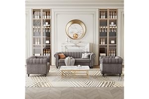 UBGO Living Room Furniture, Modern 3-Piece Including Three, Loveseat and Single Chair,Frosted Velvet Sofa Set with Solid Wood Legs, Buttoned Tufted Backrest,Blue(1+2+3 Seater), Gray b