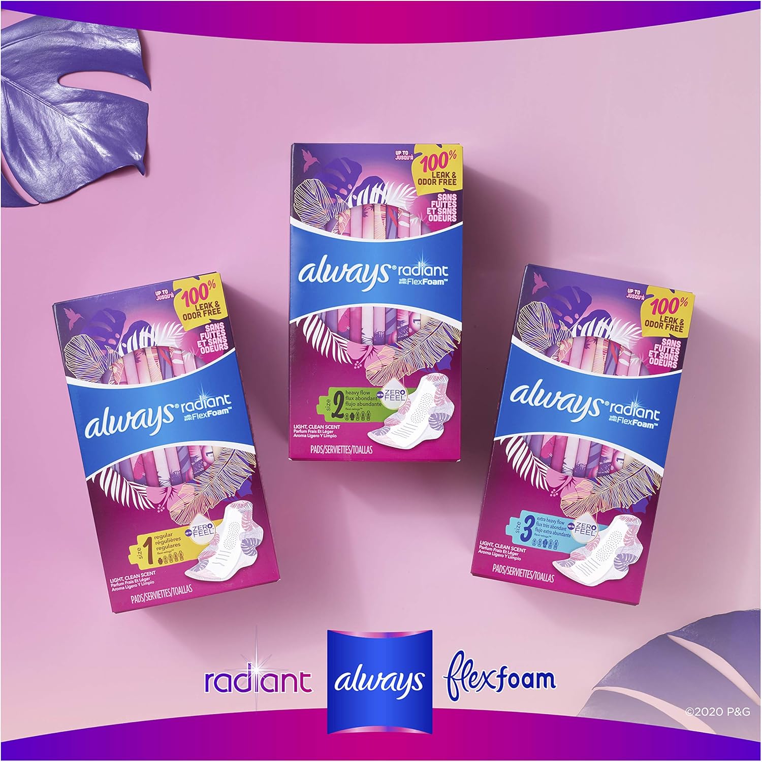 Always Radiant Feminine Pads for Women, Size 2, 78 Count, Heavy Flow Absorbency, with Flexfoam Wings, Light Clean Scent, 26 Count, Pack of 3 - 78 Count Total): Health & Personal Care