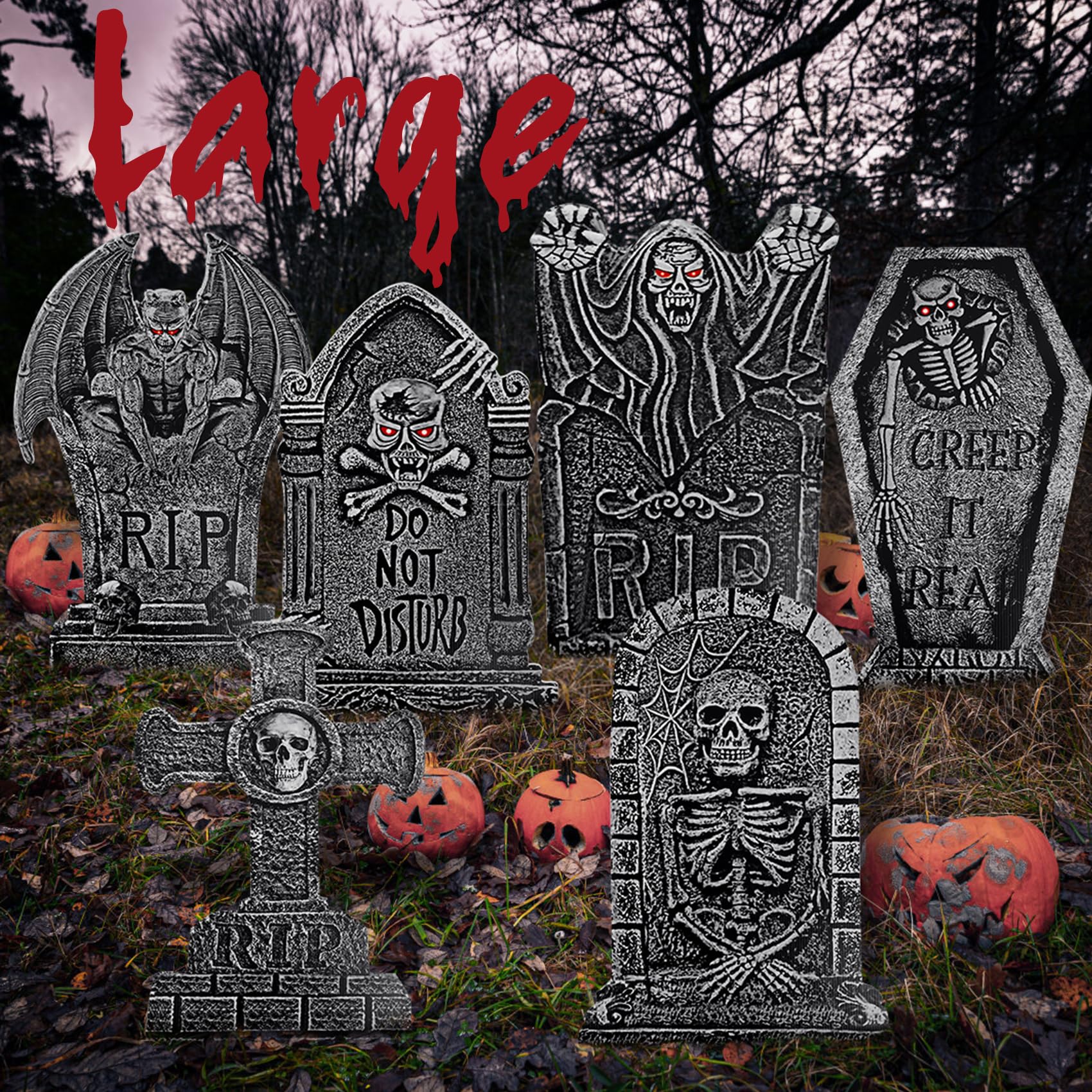 Photo 1 of 24'' Tombstones For Graves Halloween Decorations Outdoor, 6 Pack Extra Large Scary Tombstones Halloween Graveyard Decorations Indoor Rip Waterproof Yard Sign Outside For Cemetery Yard Lawn Party Decor