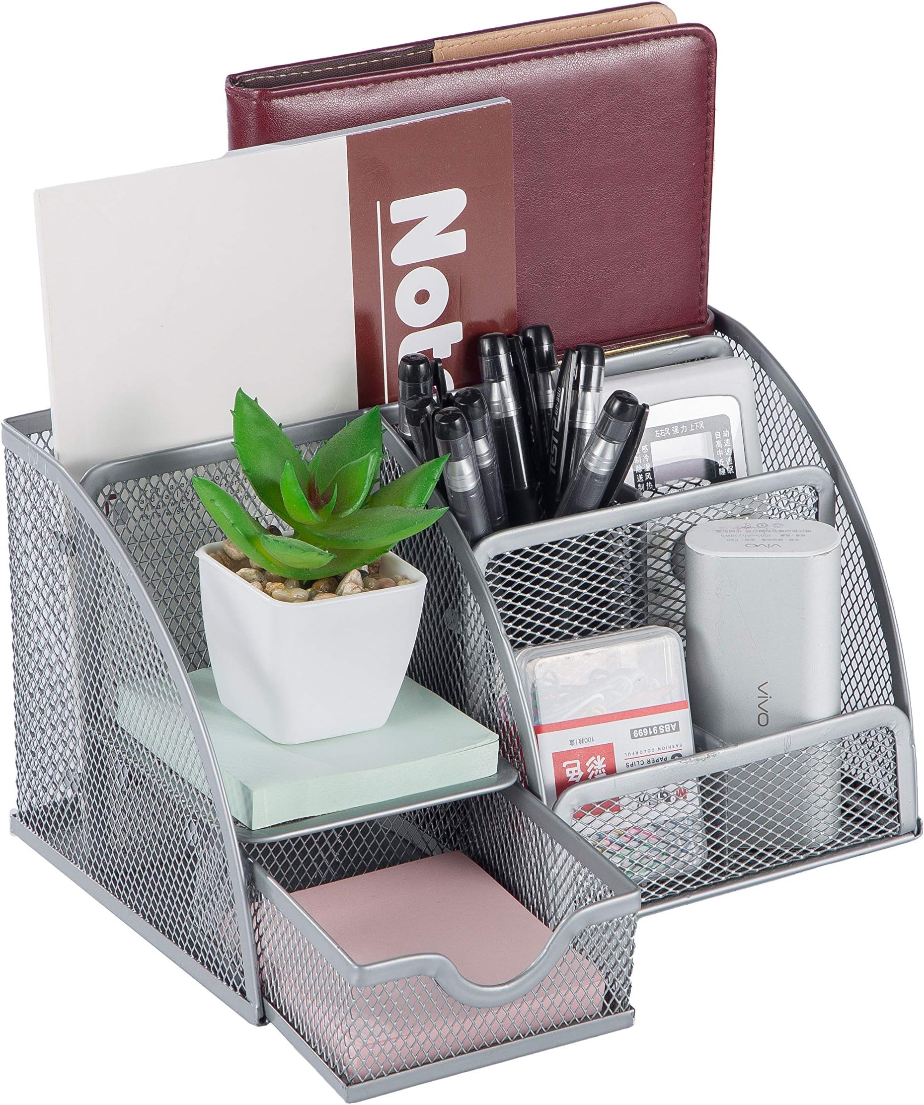 YCOCO Office Supplies Mesh Desk Organizer,Multi-functional Caddy Pen Holder Stationery with 6 Compartments and 1 Drawer for Office,Home,School,Silver