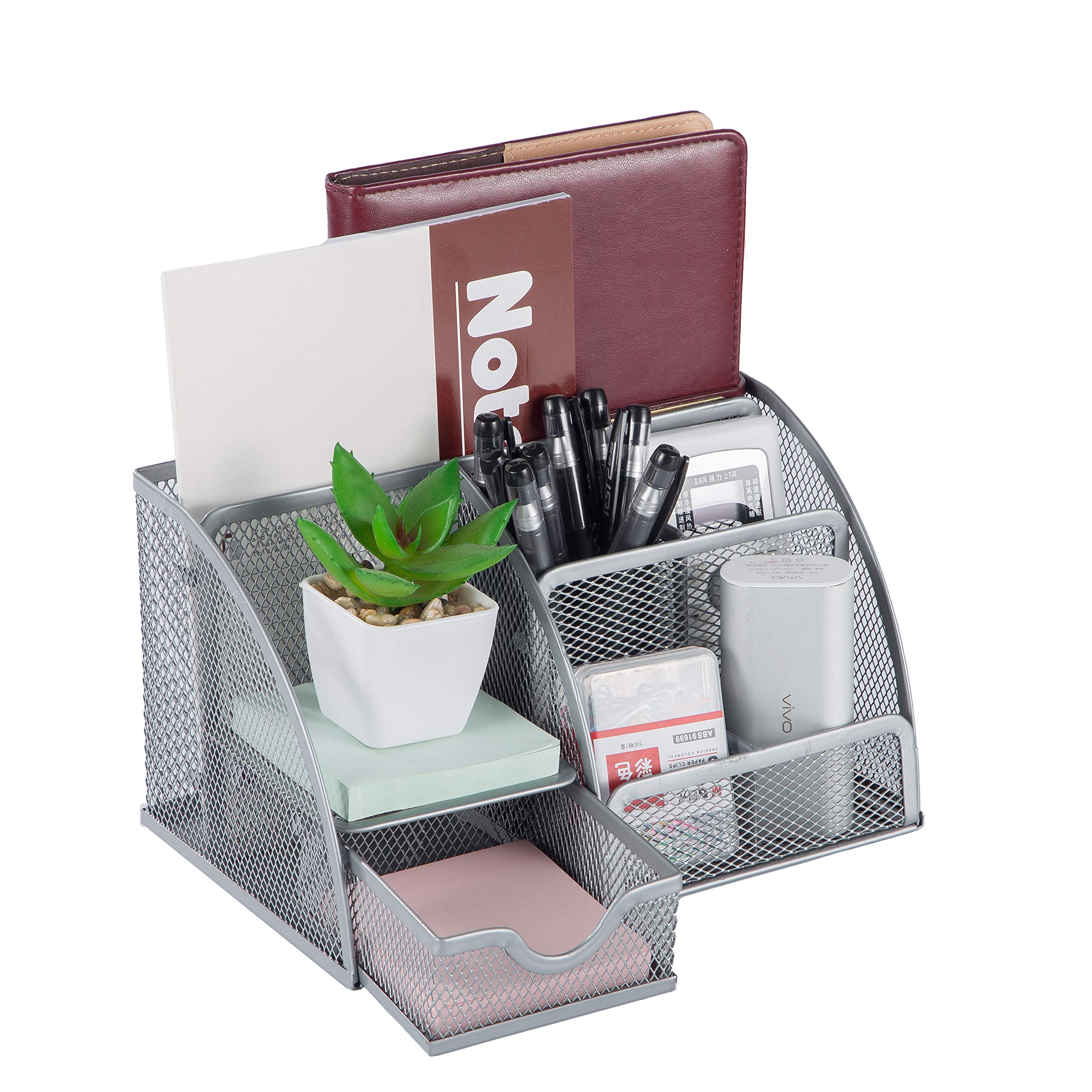 YCOCO Office Supplies Mesh Desk Organizer,Multi-functional Caddy Pen Holder Stationery with 6 Compartments and 1 Drawer for Office,Home,School,Silver
