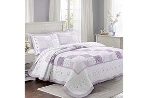 Cozy Line Home Fashions Love of Lilac Bedding Quilt Set, Light Purple Orchid Lavender Floral Real Patchwork 100% Cotton Reversible Coverlet, Bedspread (Lilac, King - 3 Piece)