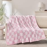 Cozzenity Checkered Throw Blanket, Pink Soft Cozy Fluffy Knitted Throw Blankets for Couch, Sofa, Bed, Chair, Warm Fuzzy Travel Picnic Lightweight Plaid Blanket, 50x70 inches