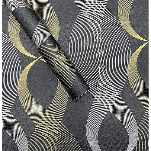 Geometric Wallpaper Modern Stripe Silver/Gold Removable Contact Paper 17.7"x 118" Black Peel and Stick Wallpaper Self-Adhesive Wall Covering Cabinets Shelf Liner Decoration Waterproof Vinyl Film