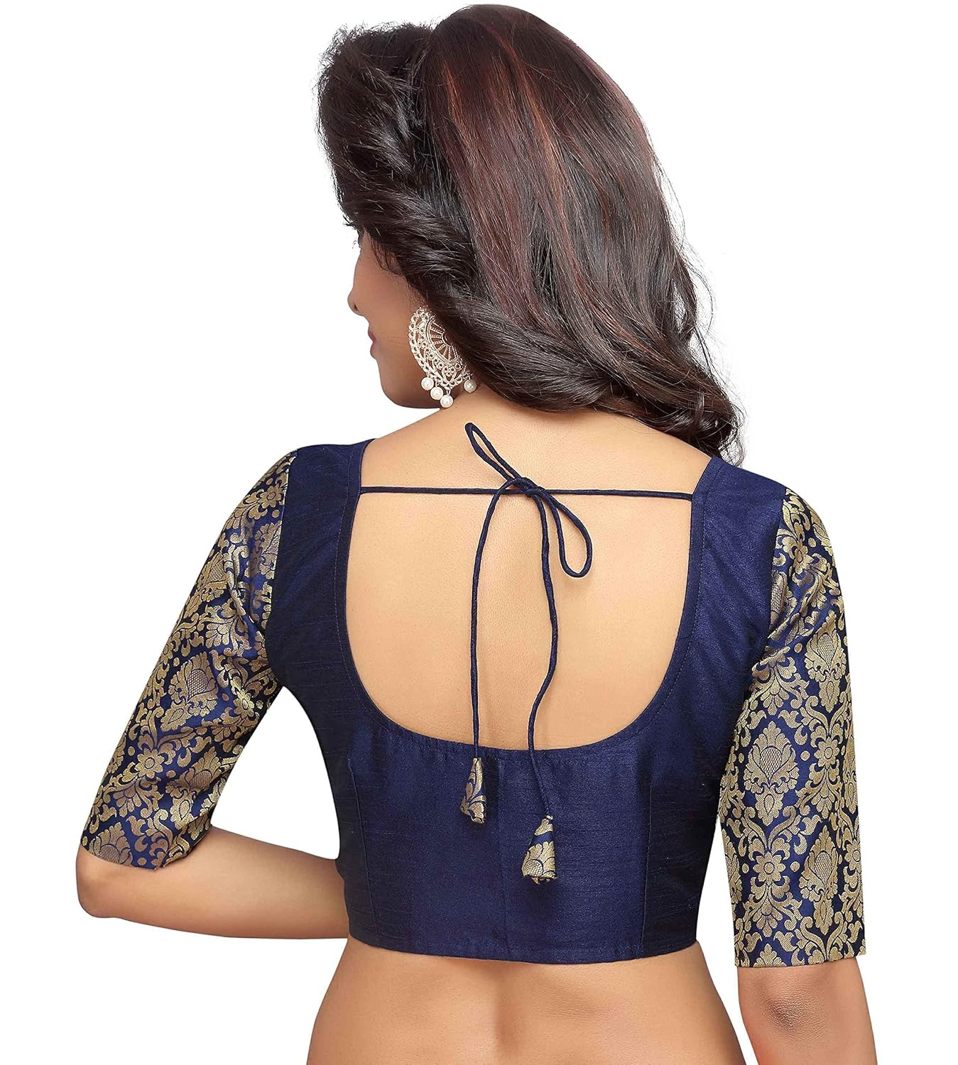 studio shringaar women's brocade sleeve readymade saree blouse with round neck