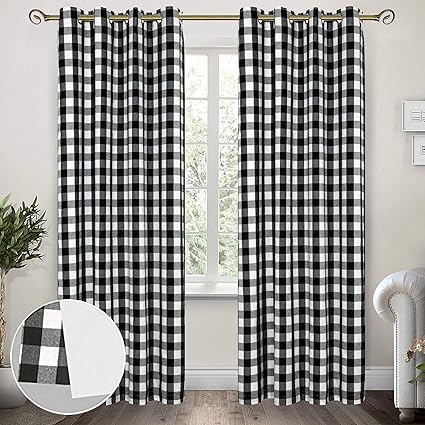 Amazon バッファロー格子柄カーテン 白黒チェック裏地 コットンカーテン ギンガムパターン 2層 プライバシーカーテン 部屋を暗くするハトメ 幅52 長さ84インチ ブラック 2枚セット インテリア オンライン通販