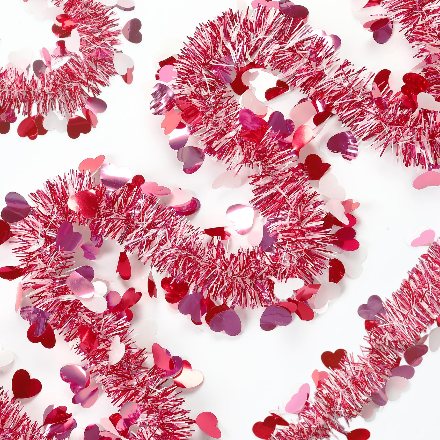 Photo 1 of 33FT Valentine's Day Tinsel Garland Red Pink White Metallic Tinsel Garland with Heart Twist Shiny Tinsel Garland Hanging Ornament Garland for Birthday Wedding Engagement Valentine's Day Party Supplies