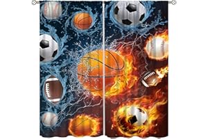 YCNESS Boys Sports Kids Curtains for Bedroom, Fire Basketball Football Soccer 3D Ball Window Treatments for Living Room,Teen Boys Girls Room Decor Drapes 2 Panel Sets,42x45 Inch