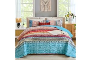 WONGS BEDDING Bohemian Quilt Set Queen Size, Boho Striped Pattern Quilts Bedspread Set for All Season, Soft Microfiber Bedding Coverlet Set 96"x90"(3 Pieces, Queen)