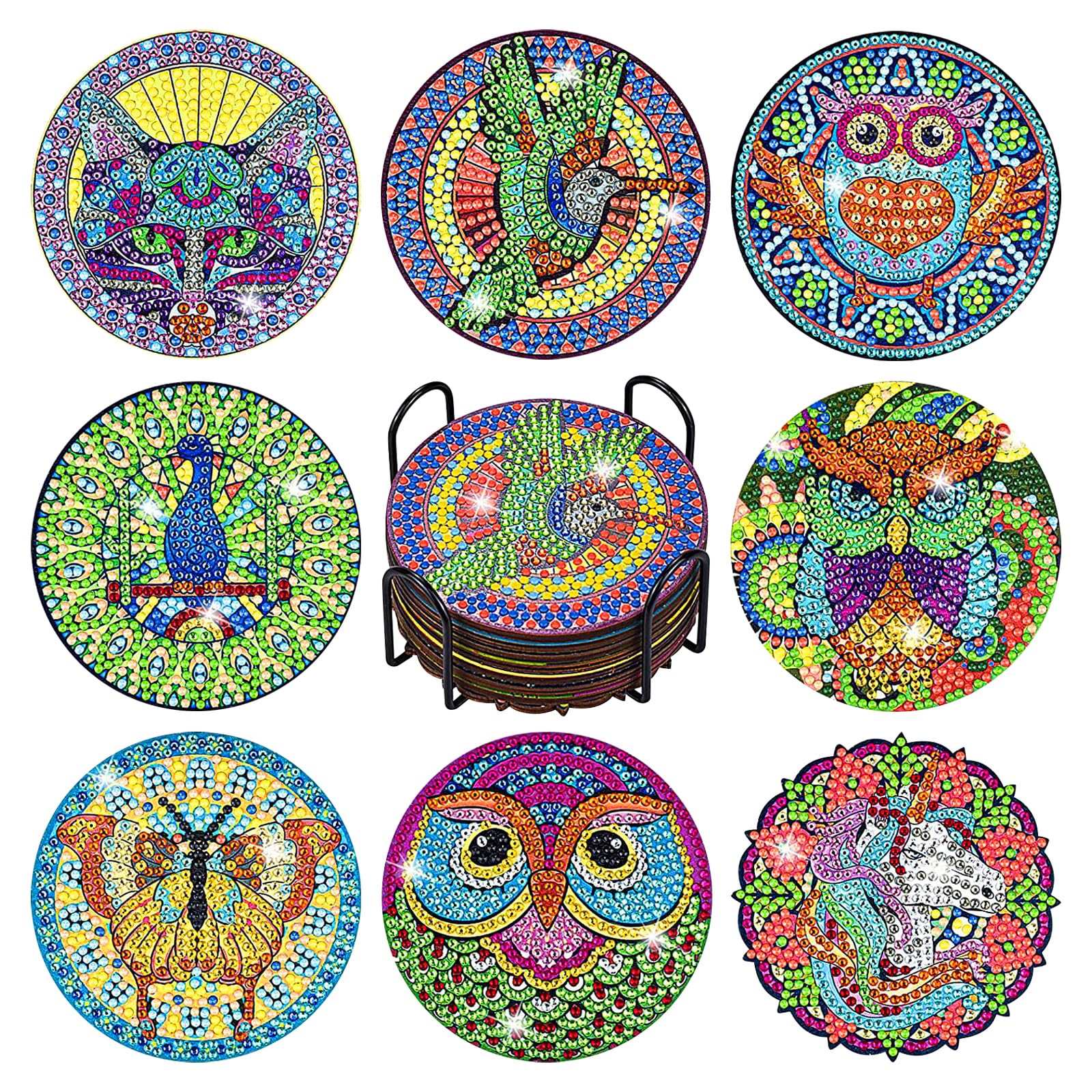 Pack of 8 Diamond Painting Coasters with Holder, Diamond Painting Adults, Reusable DIY Birds Animals Cup Coasters with Diamonds and Mounting Tools for Cups, Vases, Candles Decoration