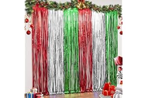 LOLStar 3 Pack Christmas Party Decorations 3.3 x 6.6ft Foil Fringe Curtains Red Silver Green Tinsel Metallic Photobooth Props Backdrop Streamers for Christmas in July, New Year, Ugly Sweater Party